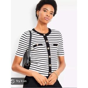 LOFT Striped Short Sleeve Cardigan Sweater Preppy Black White Large Gold Buttons